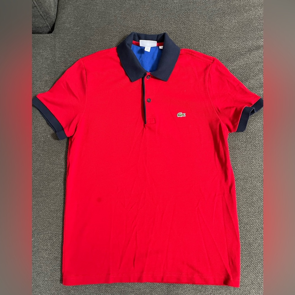 Lacoste Red Polo Shirt with Navy Collar